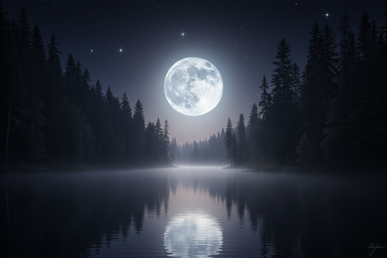 Moon shining bright at night over a lake with a forest on the sides